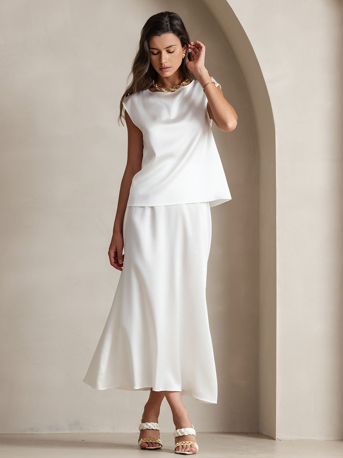 [White] SilkSilky-CA 19Momme Silk Sleeveless Round Neck Women's T-Shirt 004
