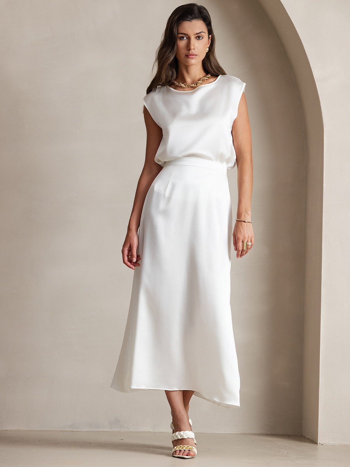 [White] SilkSilky-CA 19Momme Silk Sleeveless Round Neck Women's T-Shirt 005