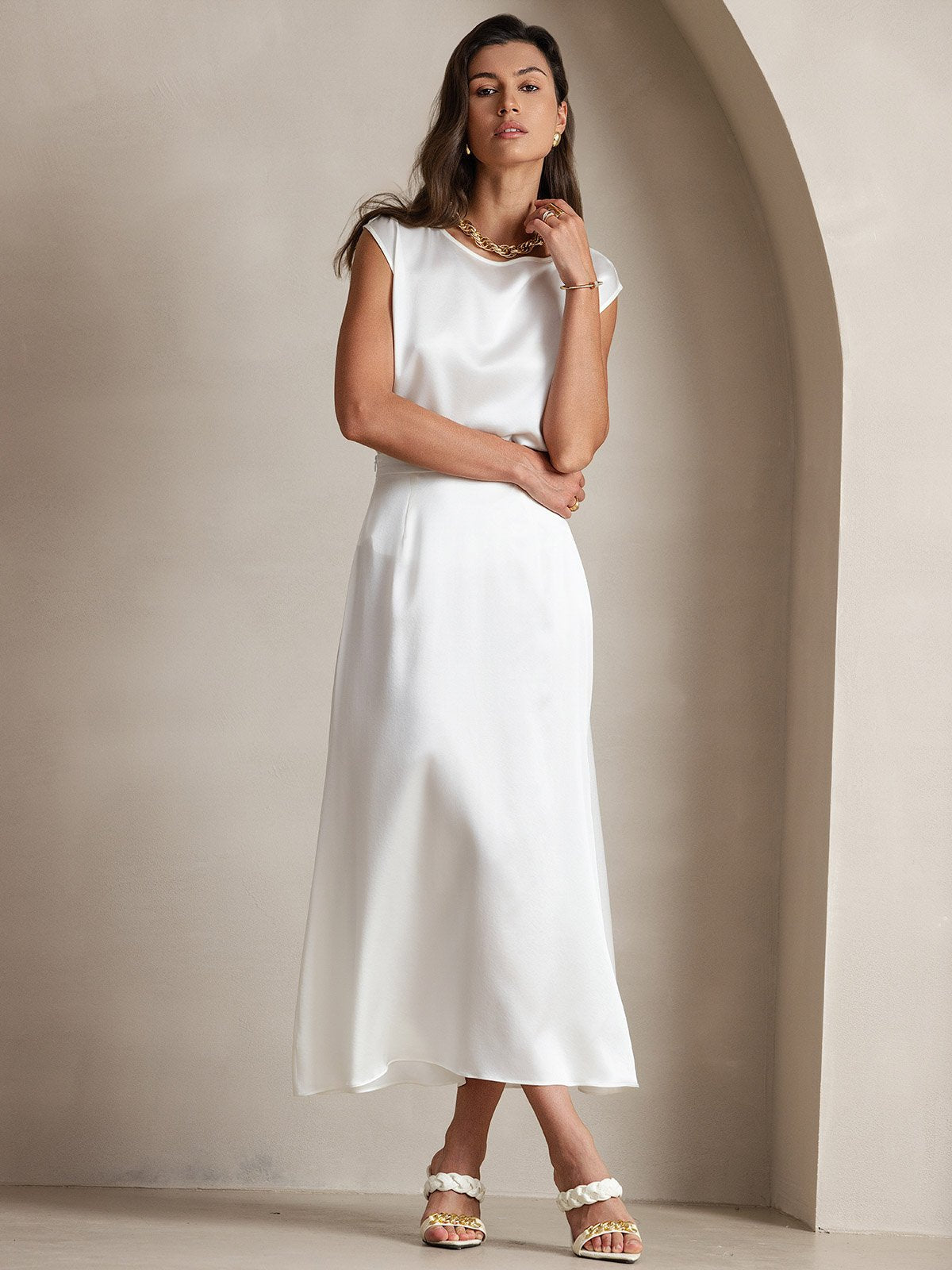 [White] SilkSilky-CA 19Momme Silk Sleeveless Round Neck Women's T-Shirt 006