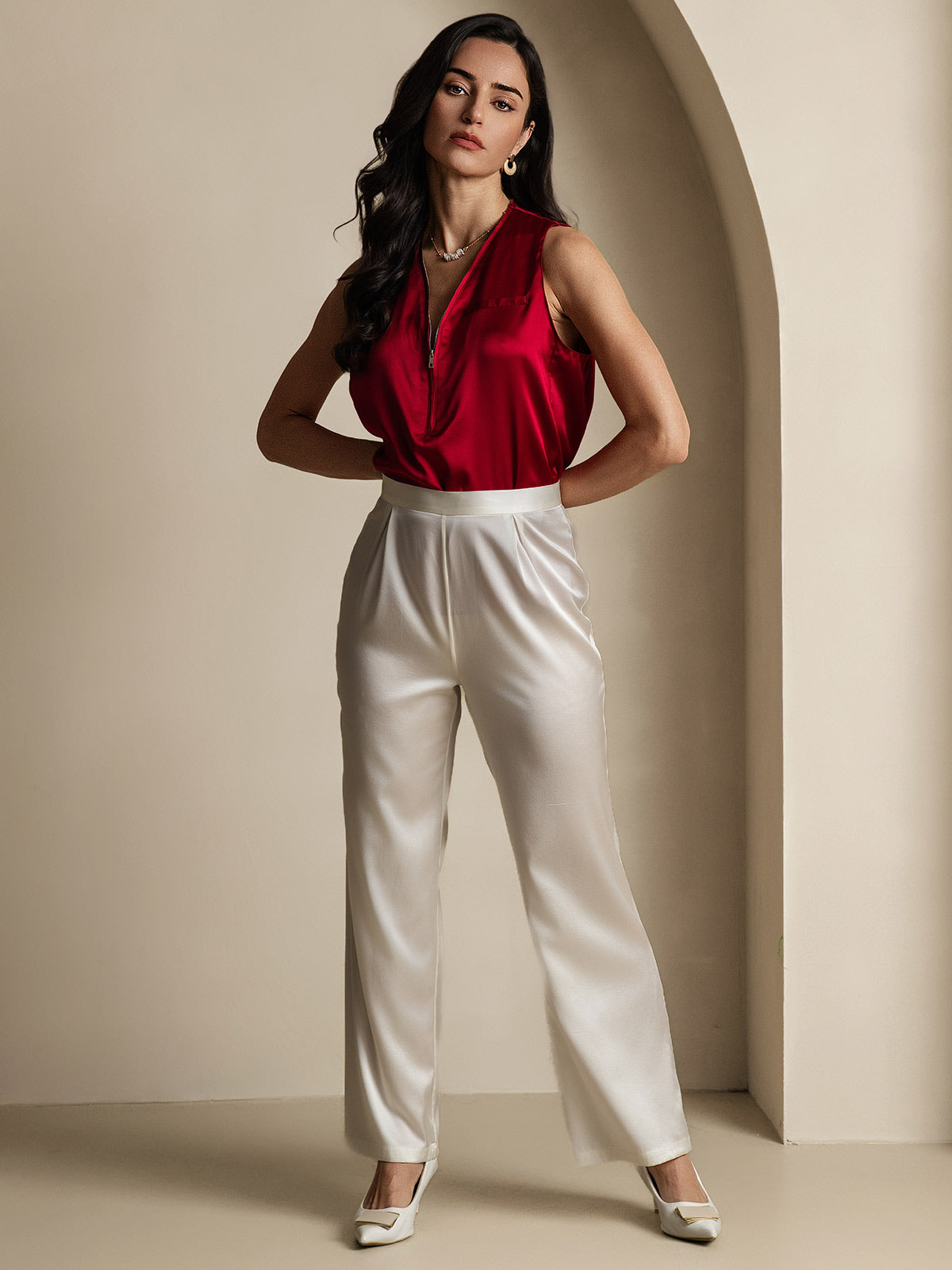 [White] SilkSilky-CA 19Momme Silk Womens Pants 002