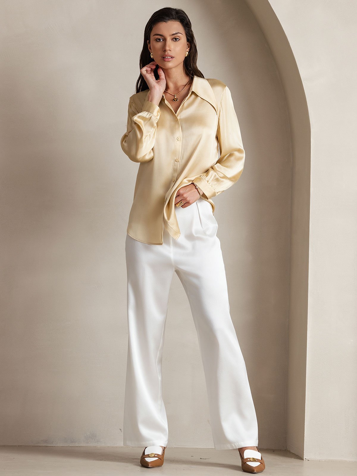 [White] SilkSilky-CA 19Momme Silk Womens Pants 007
