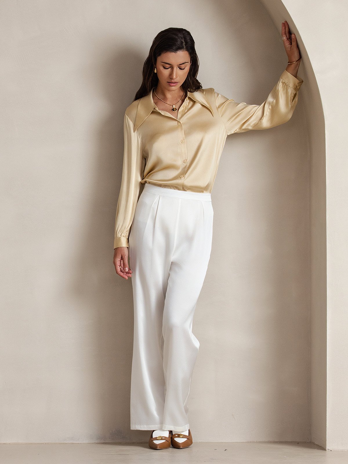 [White] SilkSilky-CA 19Momme Silk Womens Pants 008