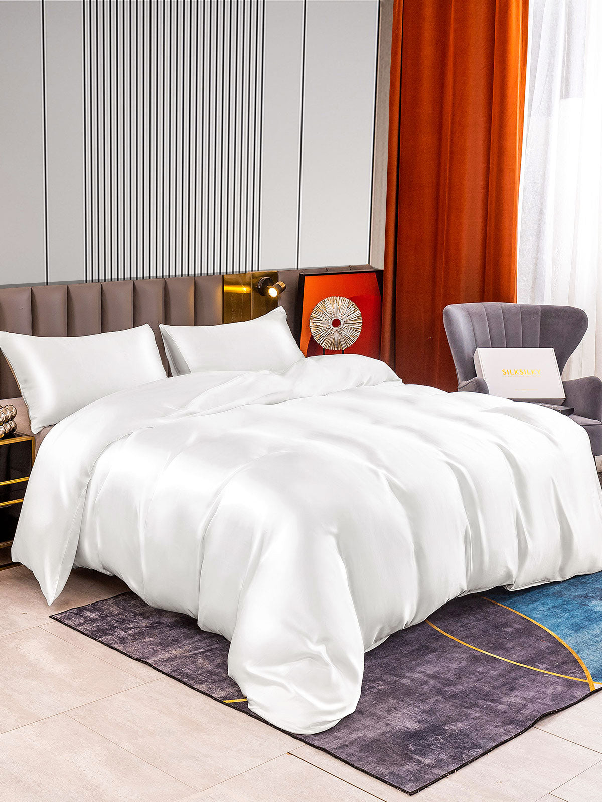 [White] SilkSilky-CA 22Momme Pure Silk Bedding Set 002