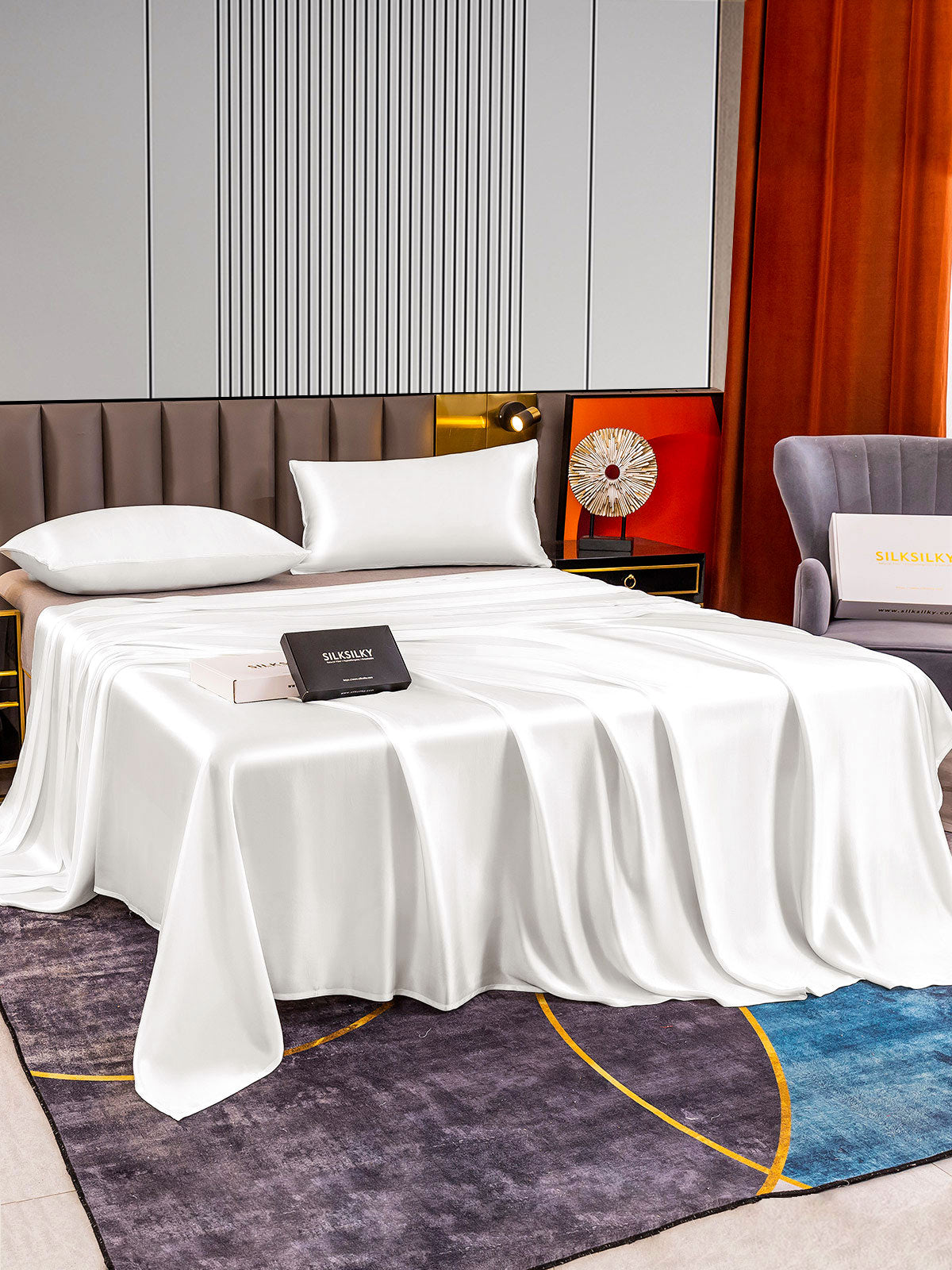 [White] SilkSilky-CA 22Momme Pure Silk Bedding Set 003