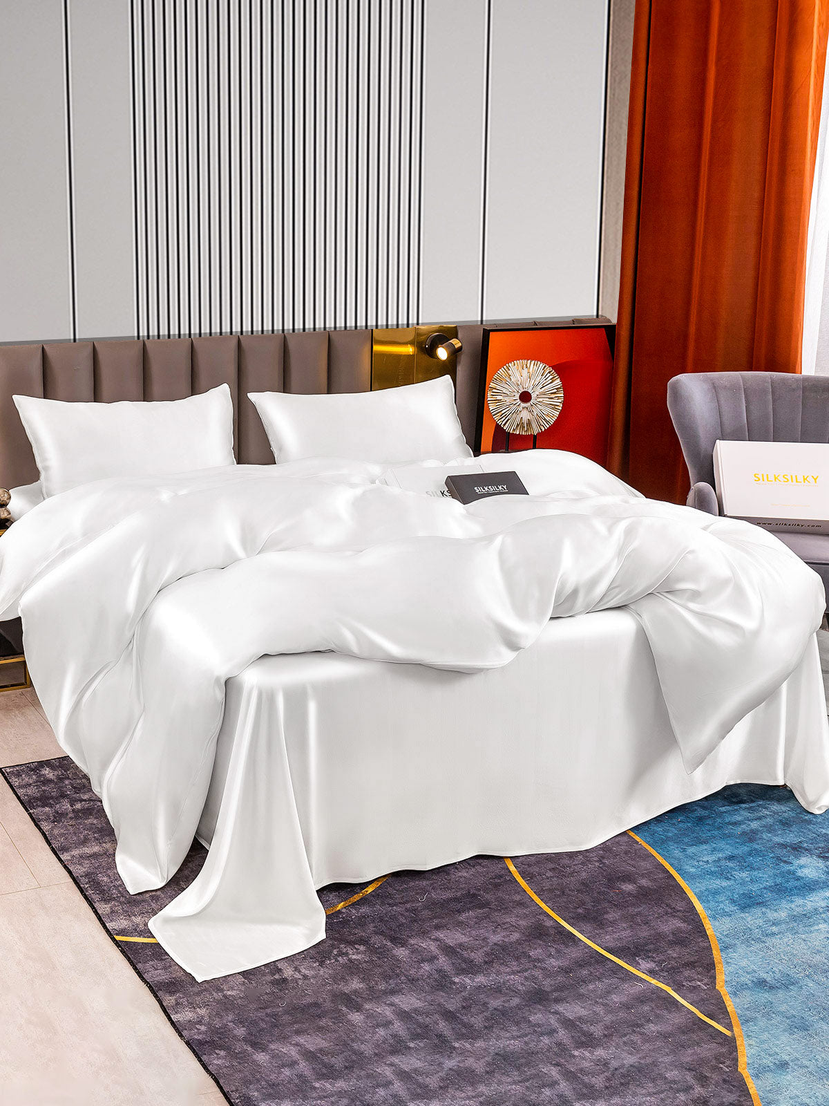 [White] SilkSilky-CA 22Momme Pure Silk Bedding Set 004