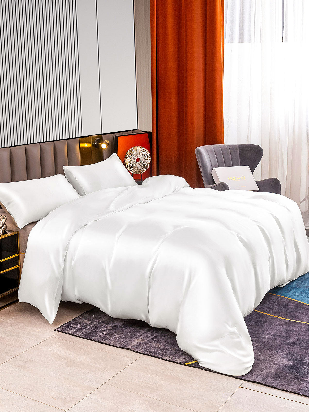 [White] SilkSilky-CA 22Momme Pure Silk Bedding Set 004