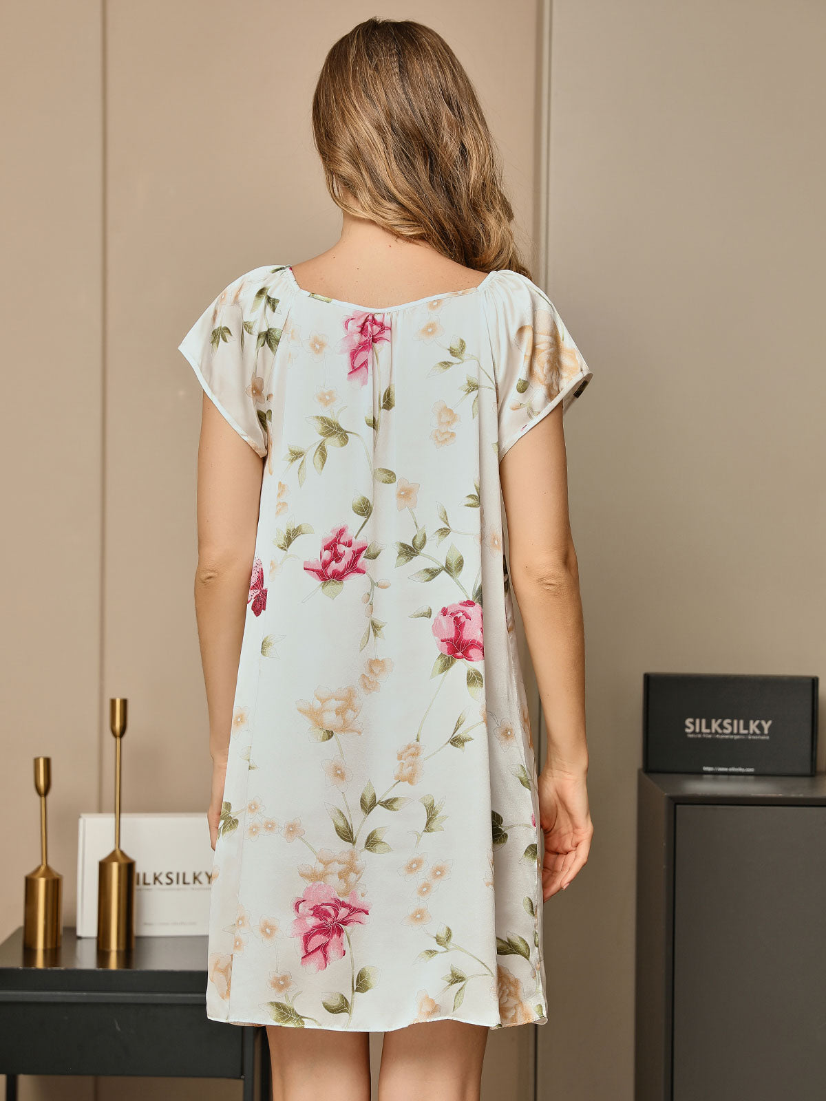 [White] SilkSilky-CA Pure Silk Cap Sleeve Tie Neck Nightgown 002