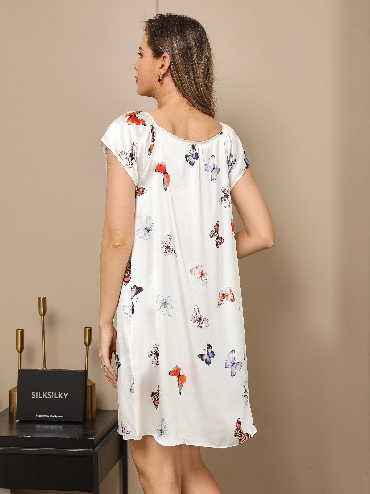 [White] SilkSilky-CA Pure Silk Cap Sleeve Tie Neck Nightgown 007