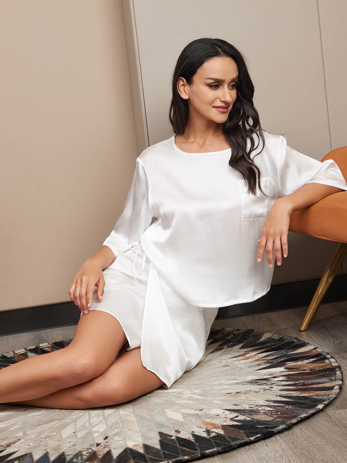 [White] SilkSilky-CA Pure Silk Half Sleeve Womens Pajamas 004