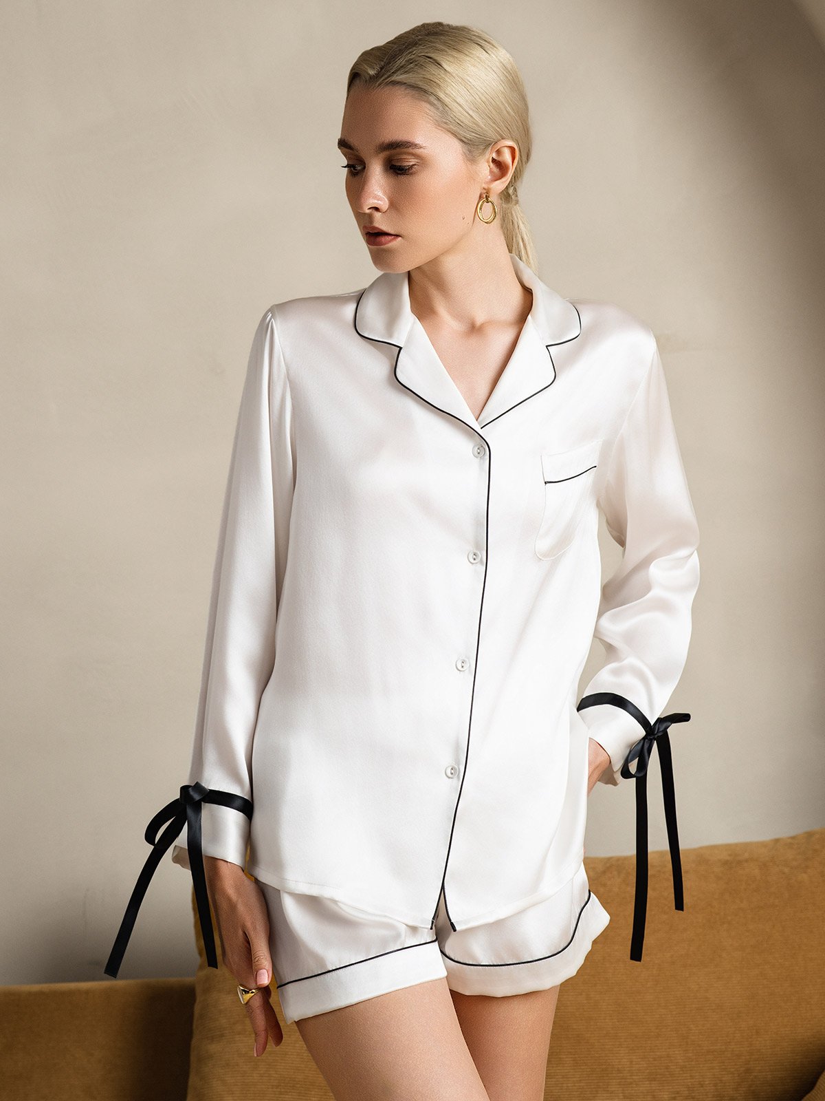[White] SilkSilky-CA Pure Silk Long Sleeve Lapel Women's Pajamas 001