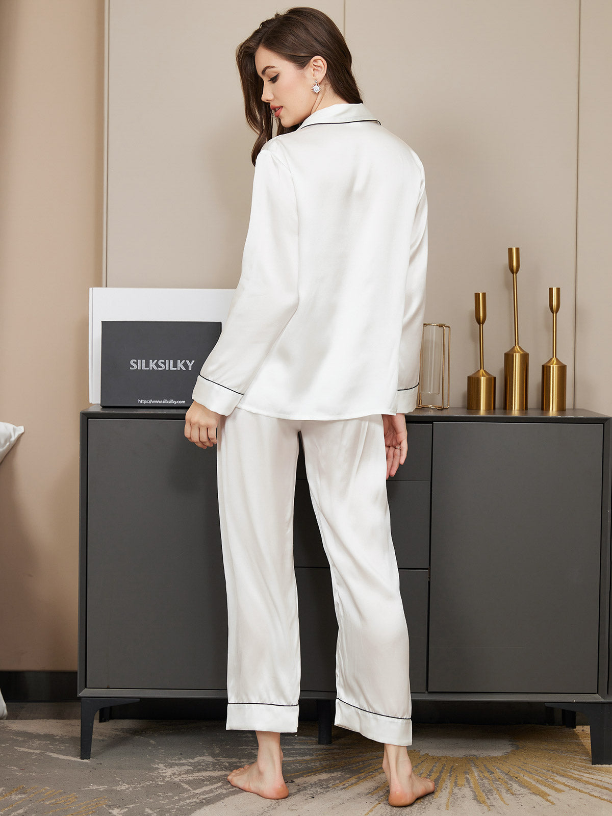 [White] SilkSilky-CA Pure Silk Long Sleeve Lapel Women's Pajamas 002