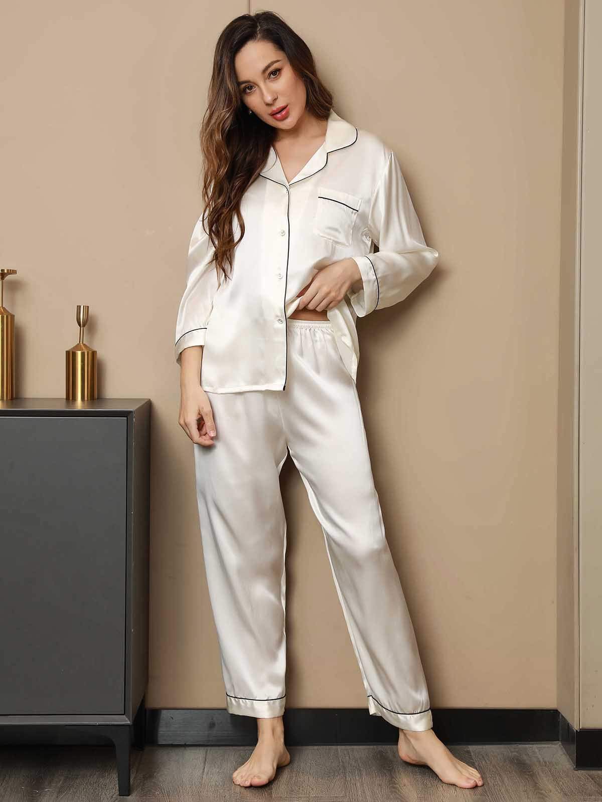 [White] SilkSilky-CA Pure Silk Long Sleeve Lapel Women's Pajamas 003