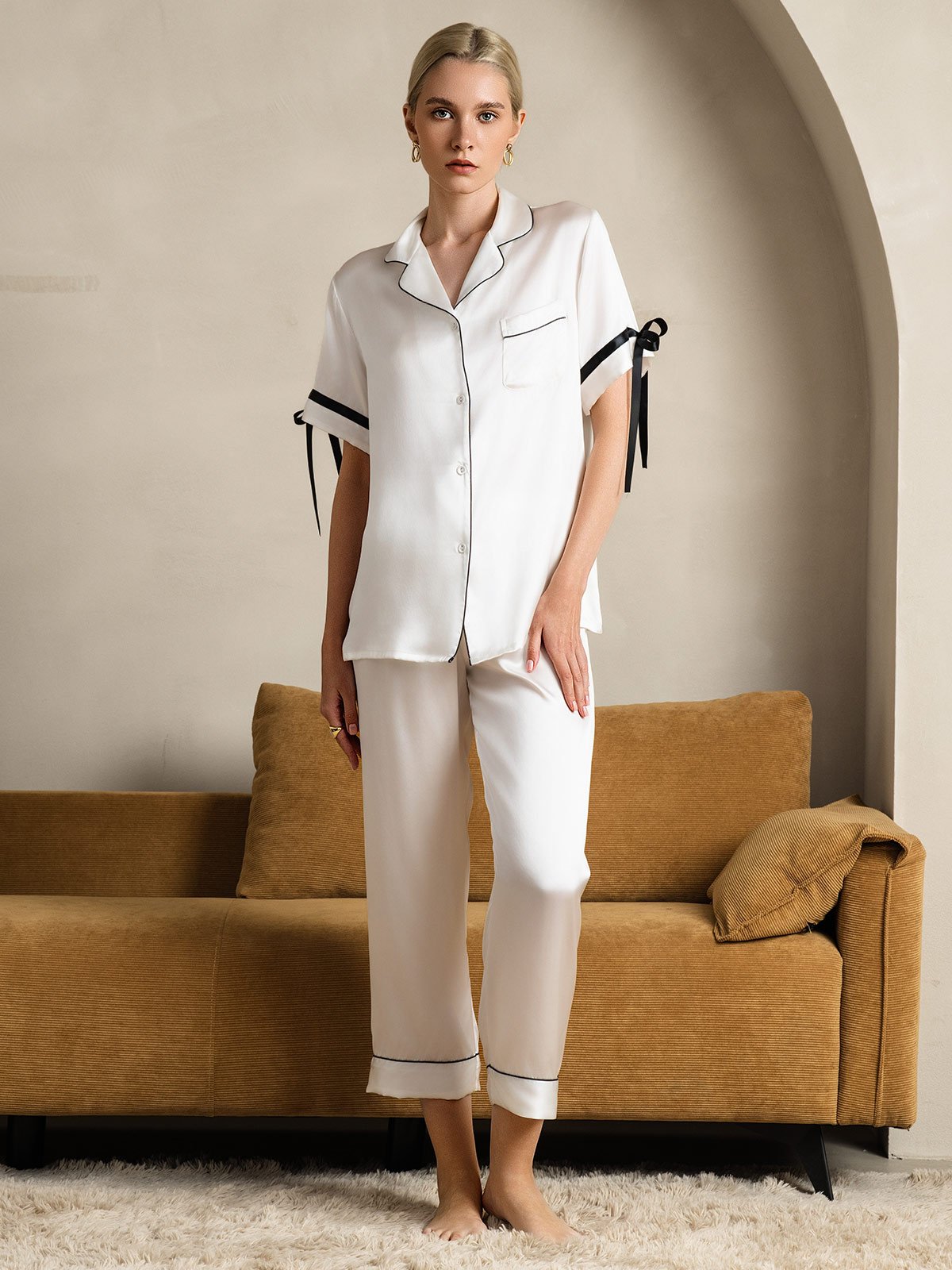 [White] SilkSilky-CA Pure Silk Short Sleeve Lapel Women's Pajamas 001