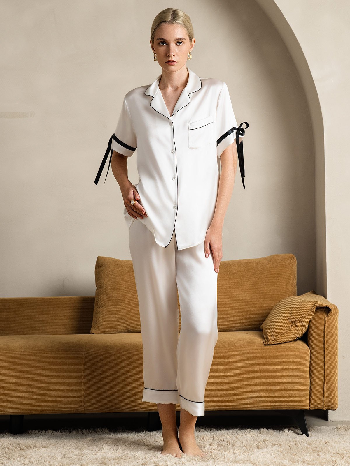 [White] SilkSilky-CA Pure Silk Short Sleeve Lapel Women's Pajamas 003