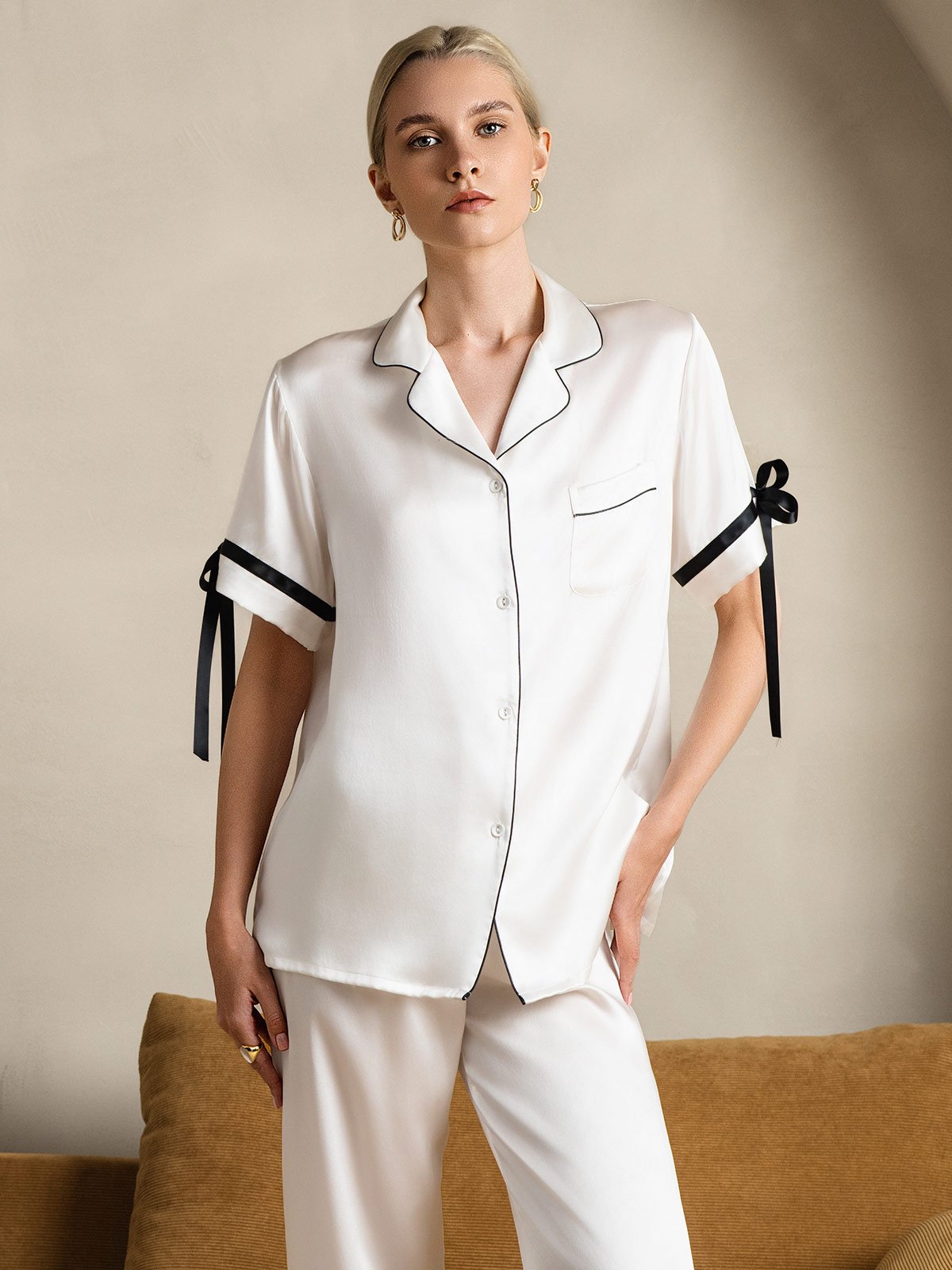 [White] SilkSilky-CA Pure Silk Short Sleeve Lapel Women's Pajamas 006