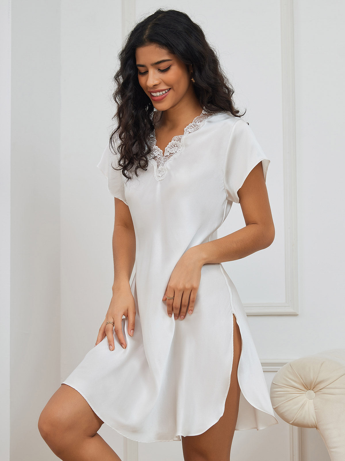 [White] SilkSilky-CA Pure Silk Short Sleeve Sweetheart Neck Nightgown 001