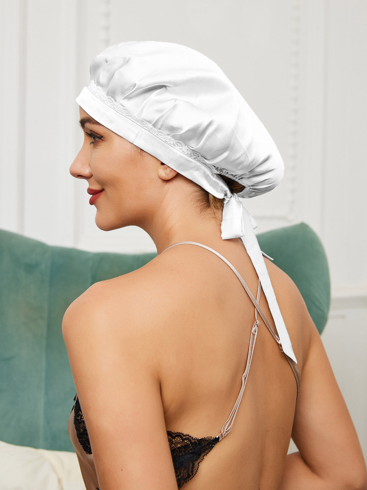 [White] SilkSilky-CA Pure Silk Sleep Cap 003