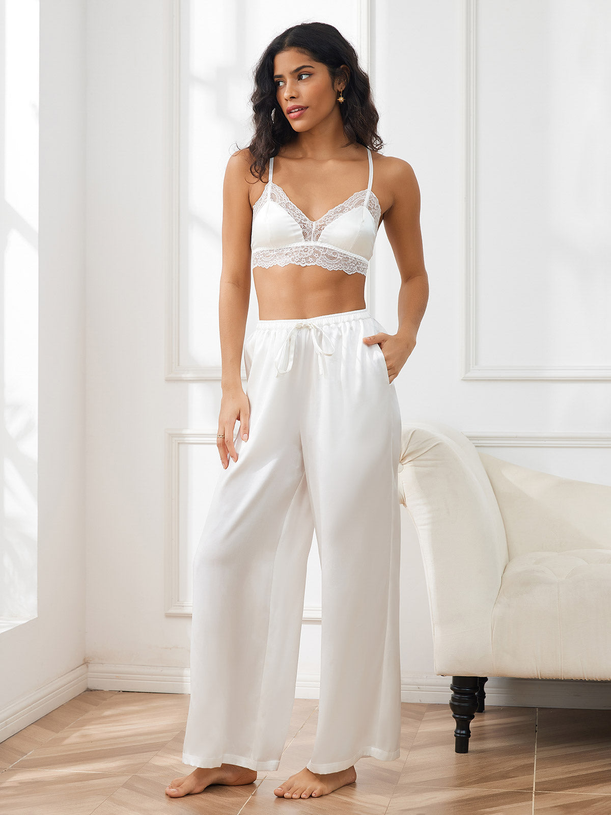[White] SilkSilky-CA Pure Silk Womens Pants 006