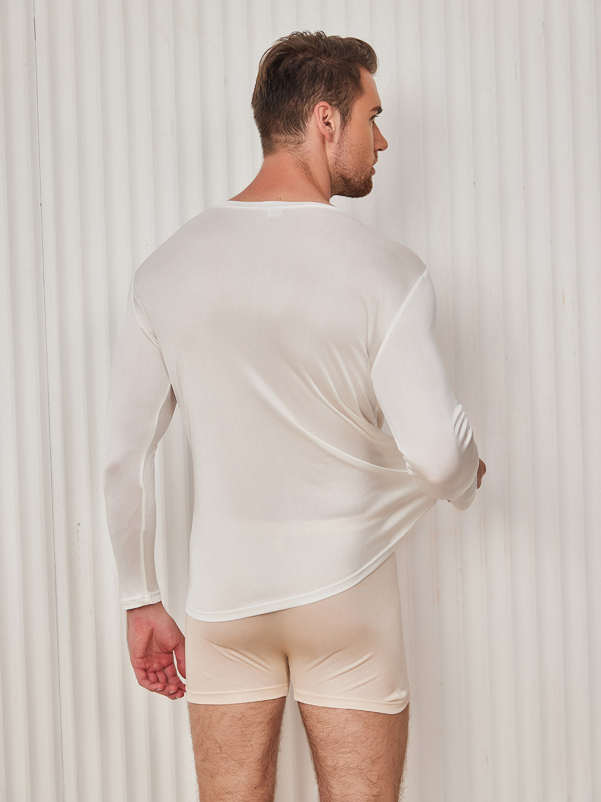 [White] SilkSilky-CA Silk Knitted Long Sleeve Round Neck Men's T-Shirt 002
