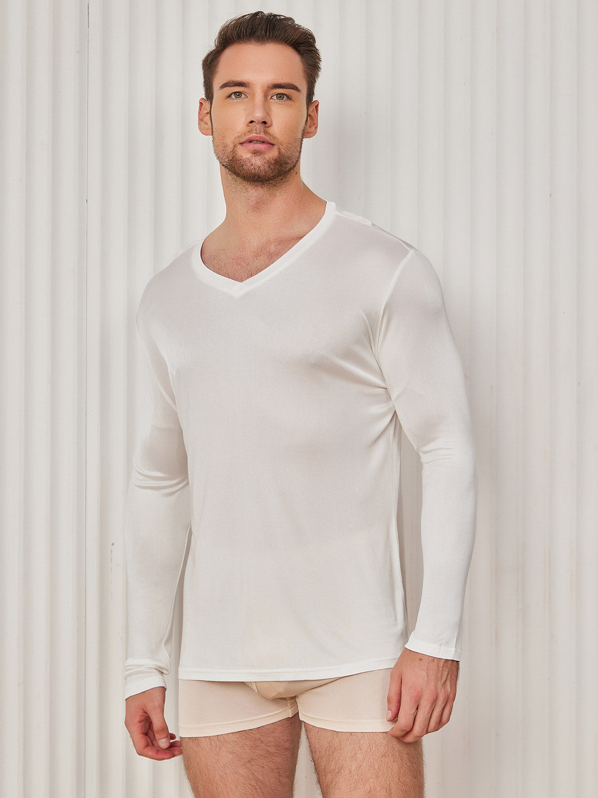 [White] SilkSilky-CA Silk Knitted Long Sleeve V Neck Men's T-Shirt 001