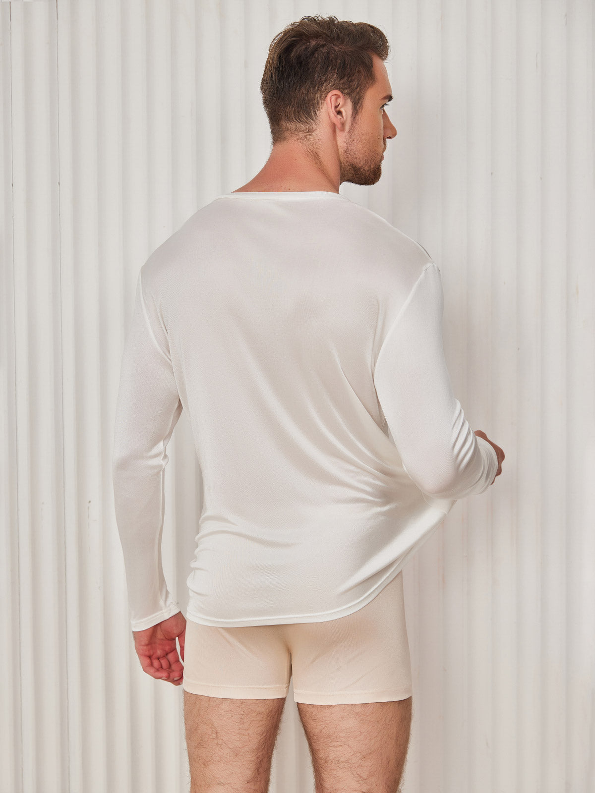 [White] SilkSilky-CA Silk Knitted Long Sleeve V Neck Men's T-Shirt 002