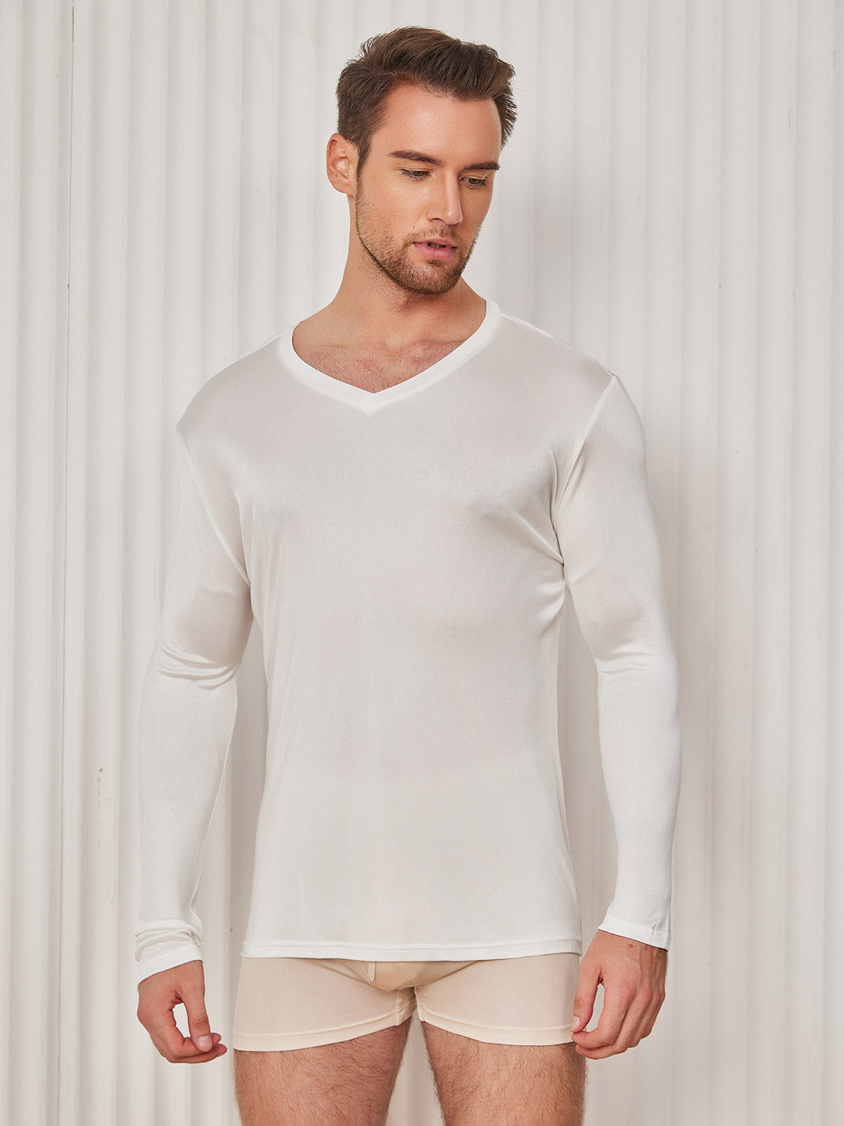 [White] SilkSilky-CA Silk Knitted Long Sleeve V Neck Men's T-Shirt 003