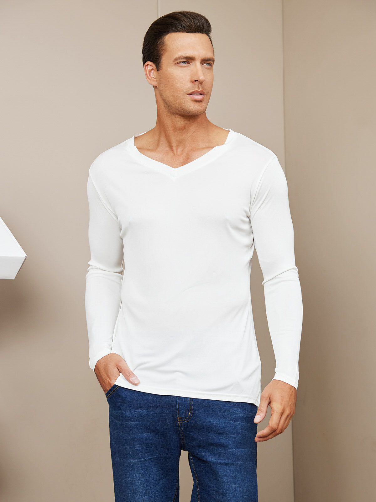 [White] SilkSilky-CA Silk Knitted Long Sleeve V Neck Men's T-Shirt 003
