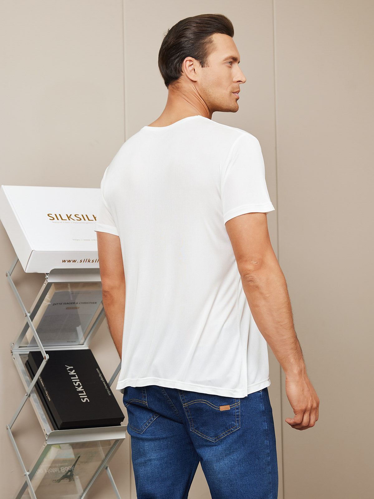 [White] SilkSilky-CA Silk Knitted Short Sleeve Round Neck Men's T-Shirt 002
