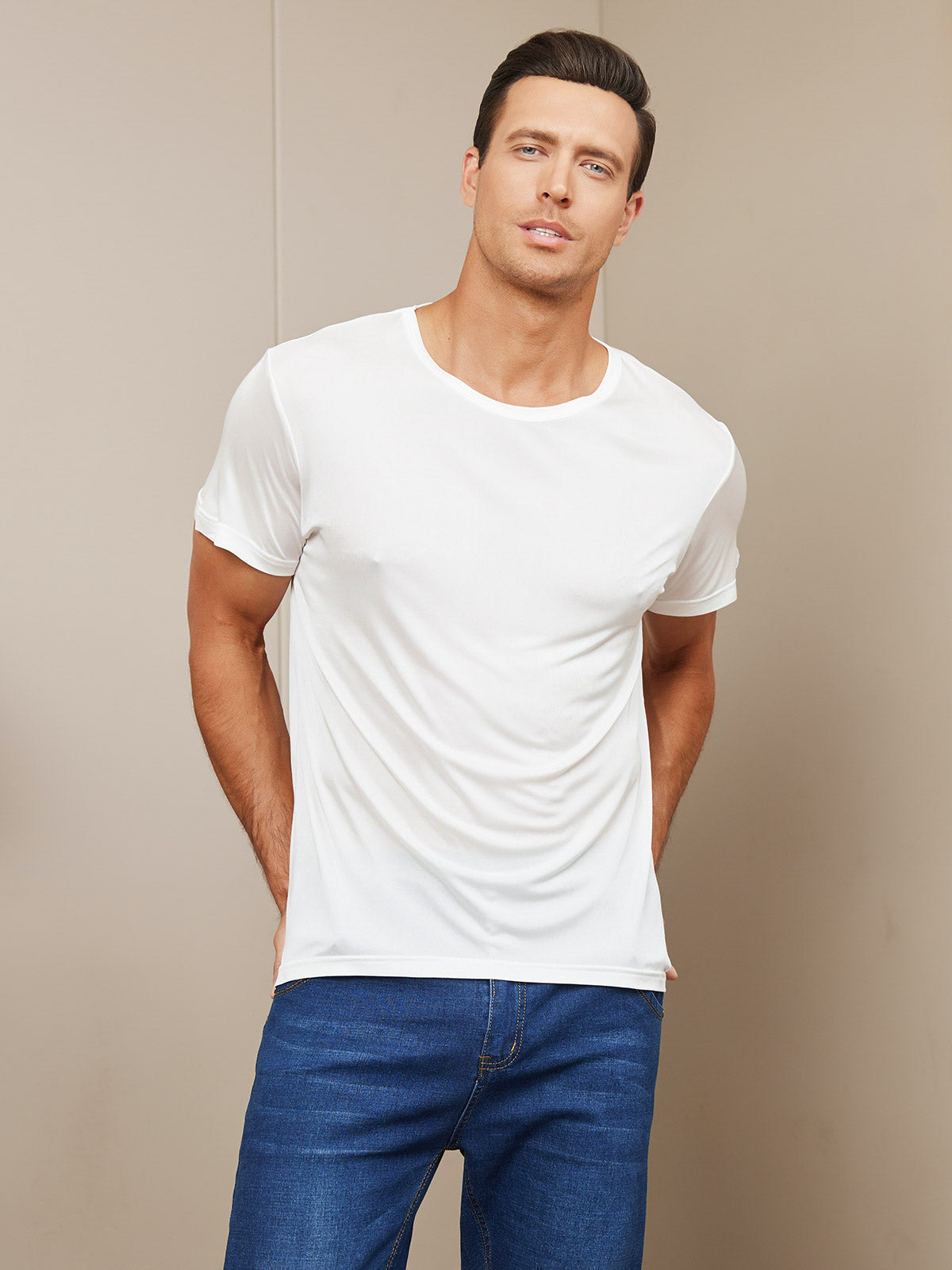 [White] SilkSilky-CA Silk Knitted Short Sleeve Round Neck Men's T-Shirt 004
