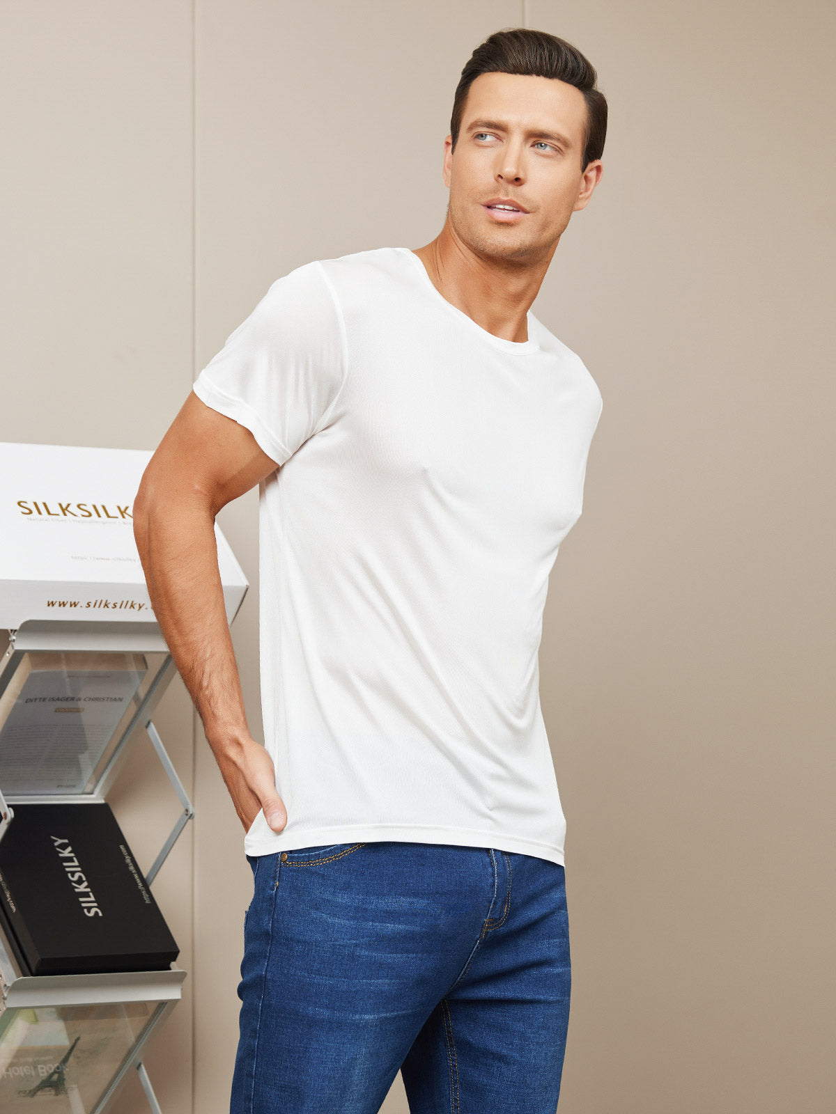 [White] SilkSilky-CA Silk Knitted Short Sleeve Round Neck Men's T-Shirt 005