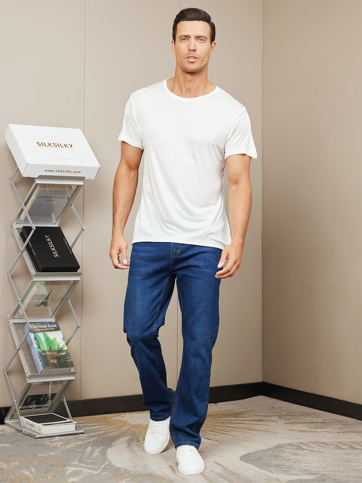 [White] SilkSilky-CA Silk Knitted Short Sleeve Round Neck Men's T-Shirt 006