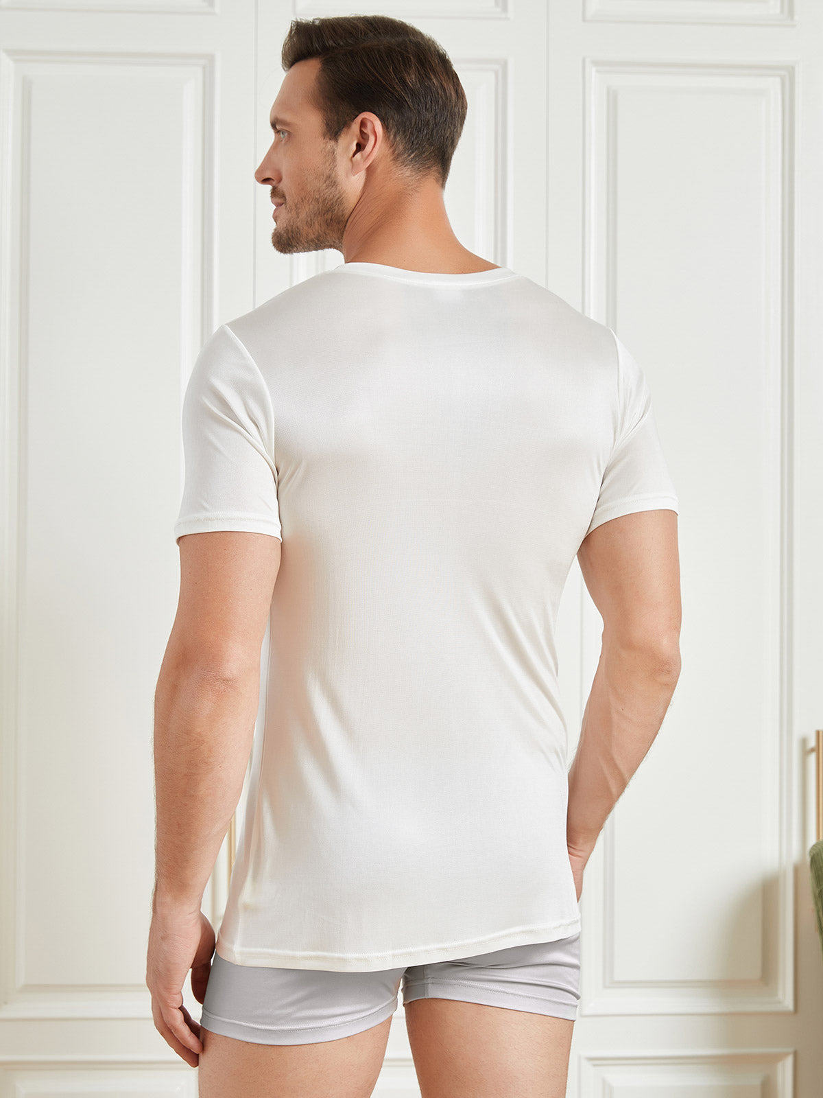 [White] SilkSilky-CA Silk Knitted Short Sleeve V Neck Men's T-Shirt 002