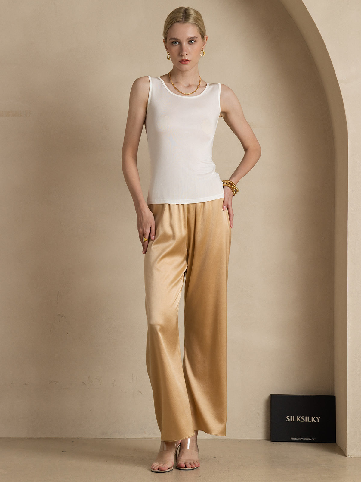 [White] SilkSilky-CA Silk Knitted Sleeveless Round Neck Women's T-Shirt 007