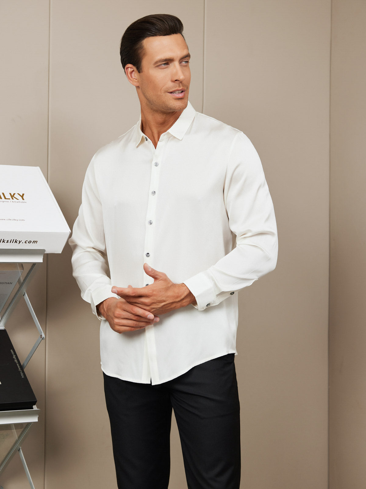 [White] SilkSilky-CA Silk Long Sleeve Collar Men's Shirt 001