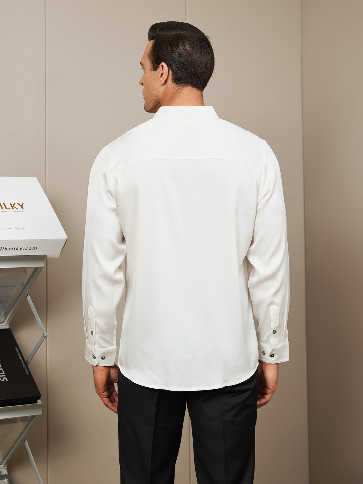 [White] SilkSilky-CA Silk Long Sleeve Collar Men's Shirt 002