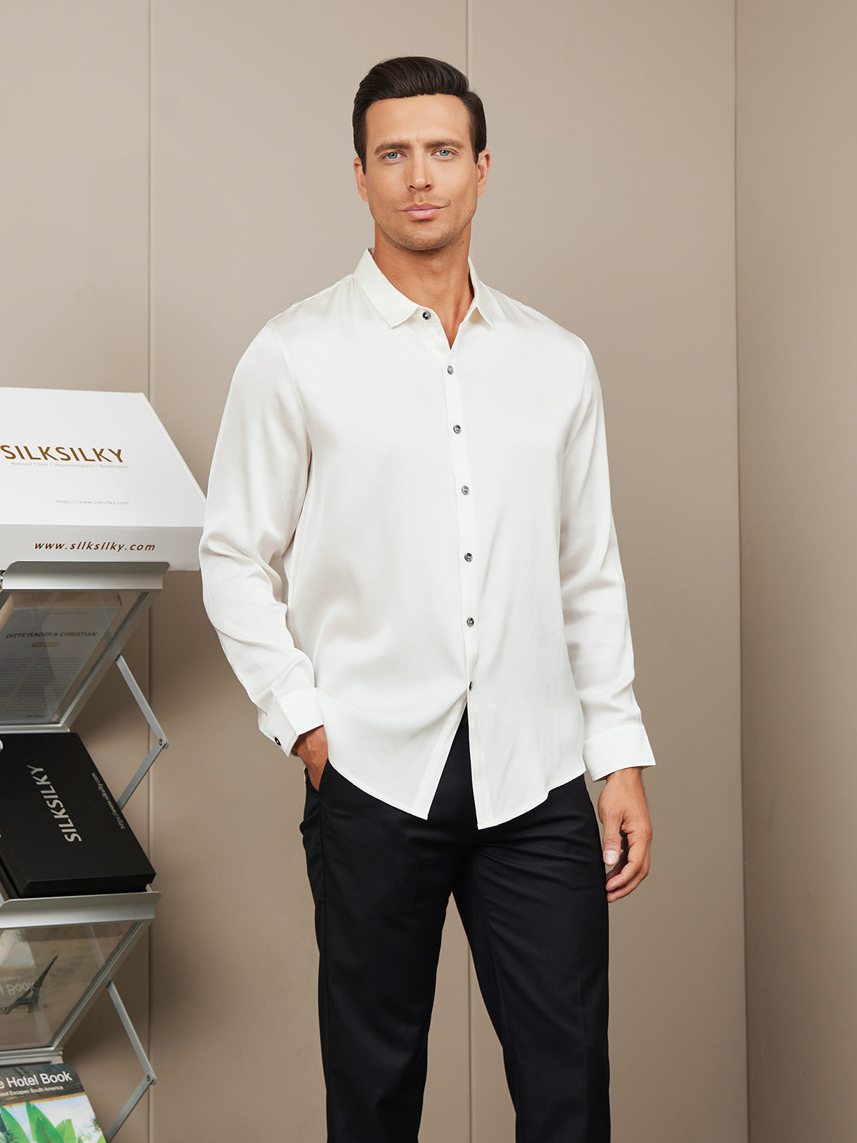 [White] SilkSilky-CA Silk Long Sleeve Collar Men's Shirt 004