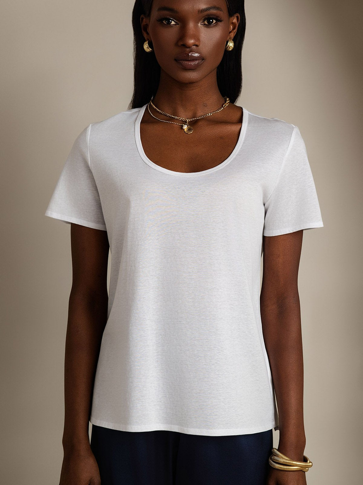 [White] SilkSilky-CA Silk Short Sleeve U Neck Women's T-Shirt 007