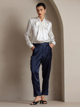 [White] SilkSilky-CA 19Momme Stretch Silk Charmeuse Long Sleeve Tie Neck Blouse 007