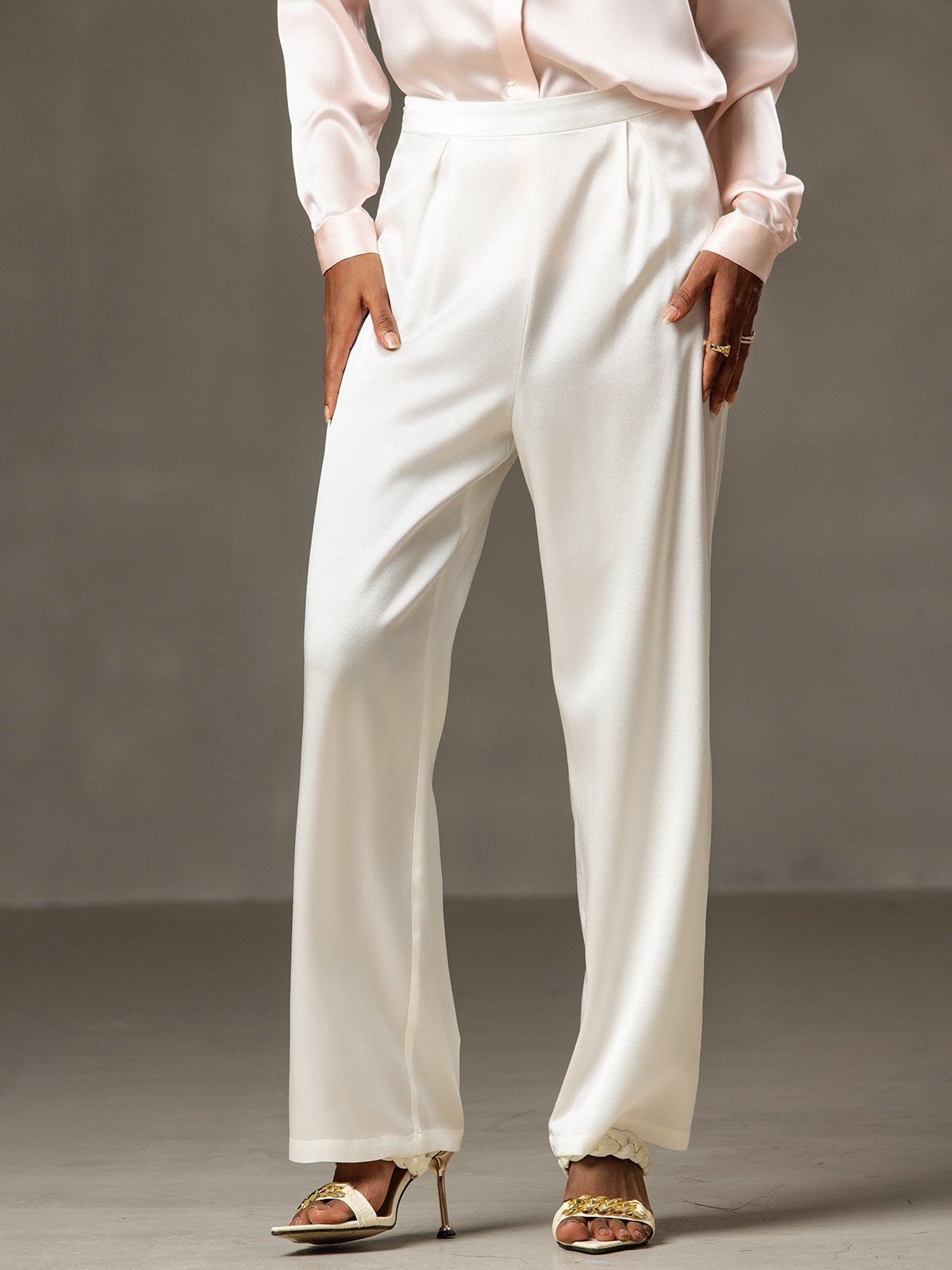 [White] SilkSilky-CA 19Momme Stretch Silk Charmeuse Women's Pants 001