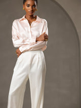 [White] SilkSilky-CA 19Momme Stretch Silk Charmeuse Women's Pants 003