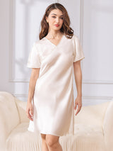 [White] SilkSilky-CA Short Sleeve V Neck Nightgown 003