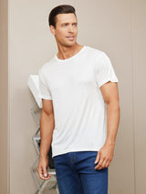[White] SilkSilky-CA 100% Silk Jersey Short Sleeve Crew Neck Men's T-Shirt 003