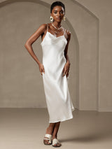 [White] SilkSilky-CA Spaghetti Strap Cowl Neck Dress 001