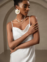 [White] SilkSilky-CA Spaghetti Strap Cowl Neck Dress 004