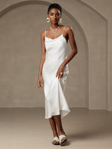 [White] SilkSilky-CA Spaghetti Strap Cowl Neck Dress 005