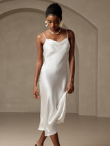 [White] SilkSilky-CA Spaghetti Strap Cowl Neck Dress 006