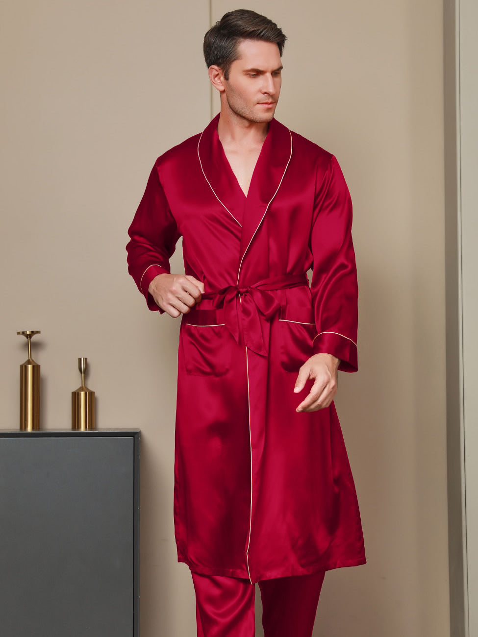 [Wine] SilkSilky-CA 19Momme Pure Silk Long Sleeve Lapel Men's Robe 001