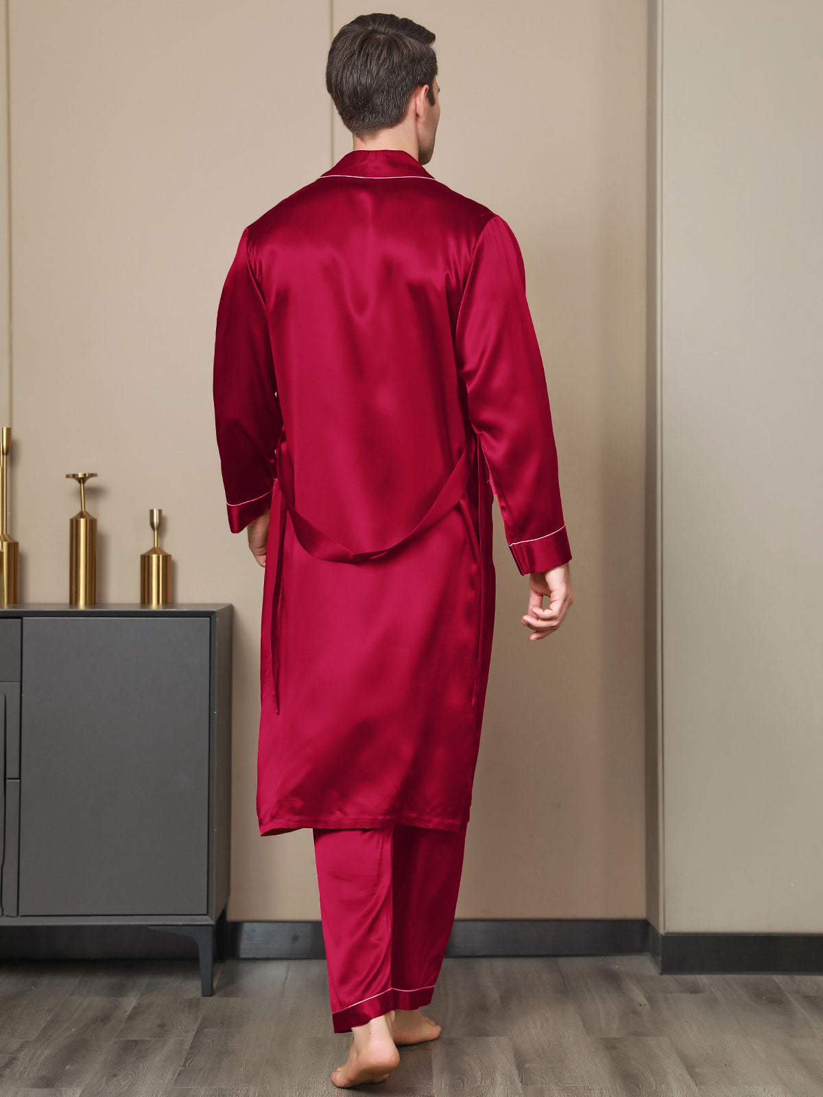 [Wine] SilkSilky-CA 19Momme Pure Silk Long Sleeve Lapel Men's Robe 002