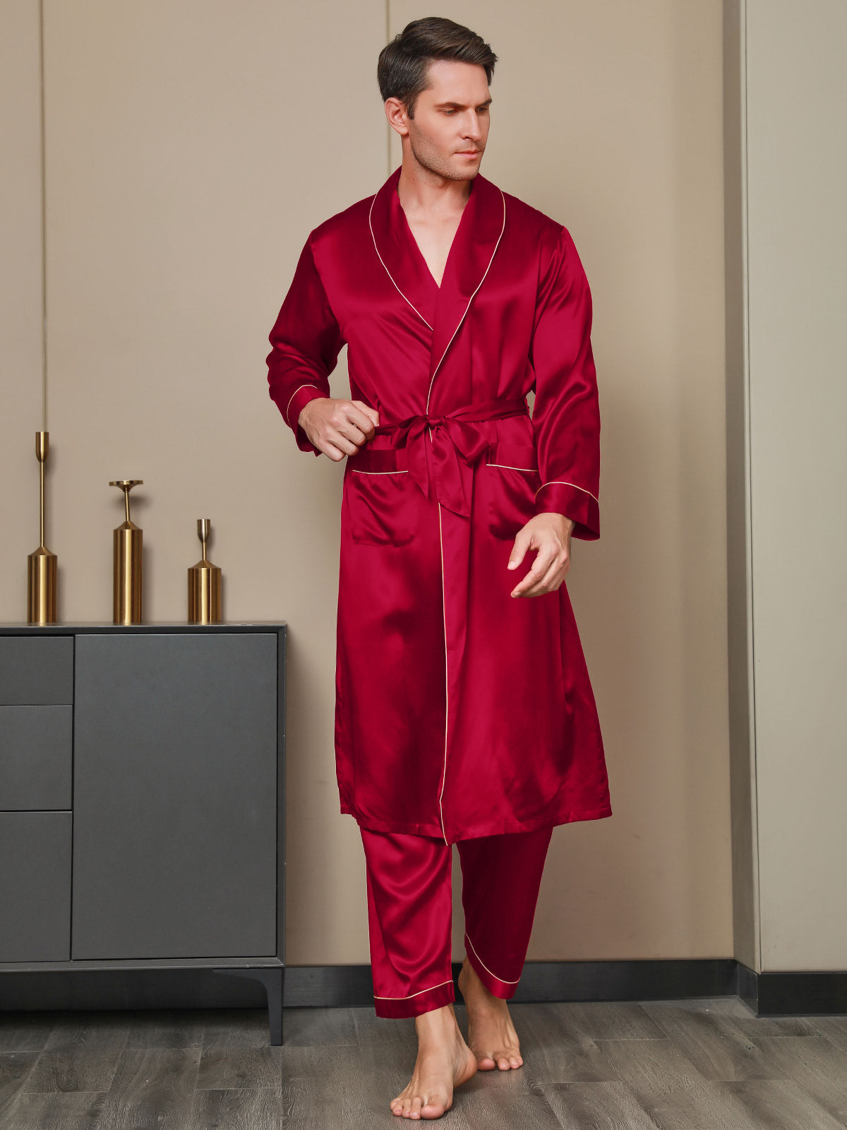 [Wine] SilkSilky-CA 19Momme Pure Silk Long Sleeve Lapel Men's Robe 003