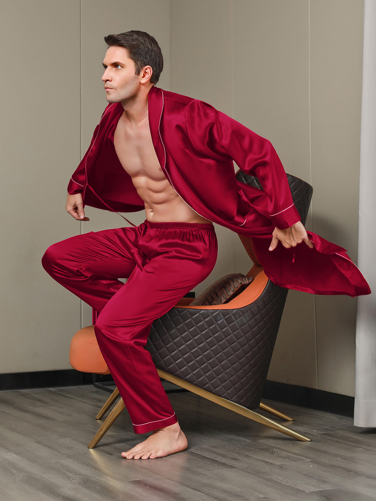 [Wine] SilkSilky-CA 19Momme Pure Silk Long Sleeve Lapel Men's Robe 005